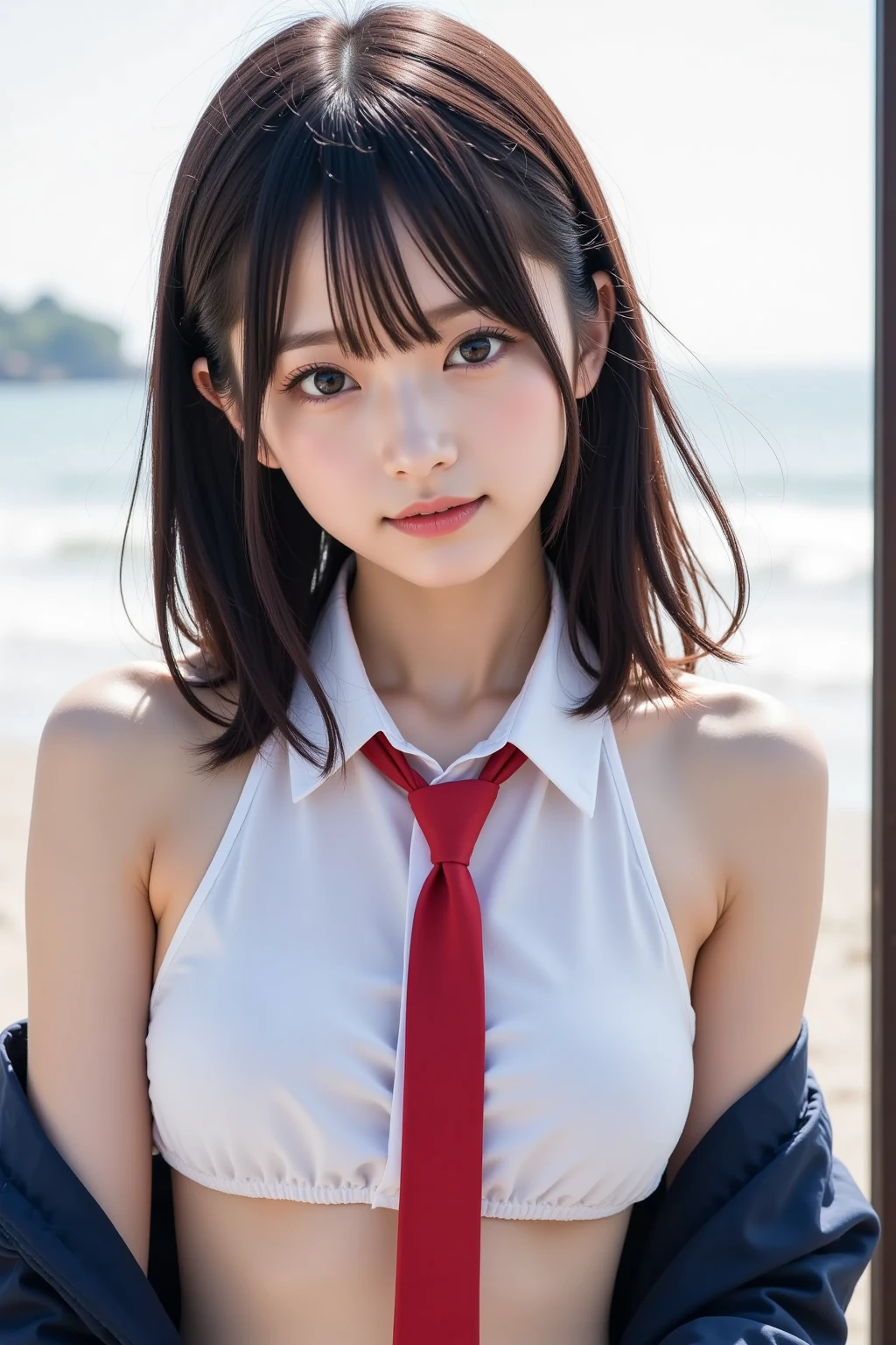      1 girl,18-year-old girl,((   topless、Nipples,naked:1.3)),   cowboy shooting , (         white shirt with red tie         ,      wearing a dark blue jacket    :1.2),         Extremely Beautiful Portraits of Japanese Idols   , 
(     RAW photos  ,   top quality  ), (    realistic   ,     realistic   :1.4), (Masterpiece), 
     very delicate and beautiful   ,   Multiple people    、   Highly Detailed Appearance     , 2k wallpaper,      amazing on the beach, finely,   Multiple people    、   Highly Detailed Appearance      CG Unity 8K wallpaper,   Multiple people    、   Highly Detailed Appearance     ,     portable    , Soft light, 
   Every detail of a beautiful girl ,   Multiple people    、   Highly Detailed Appearance     目と顔,  Beautiful and refined nose,  Delicate Eyes  ,   movie lights, 
(  simple,    Light Background     :1.3),
(     short hair ), (bangs), 
     COMPLETE ANATOMY     ,     slender body,      small breasts, smile