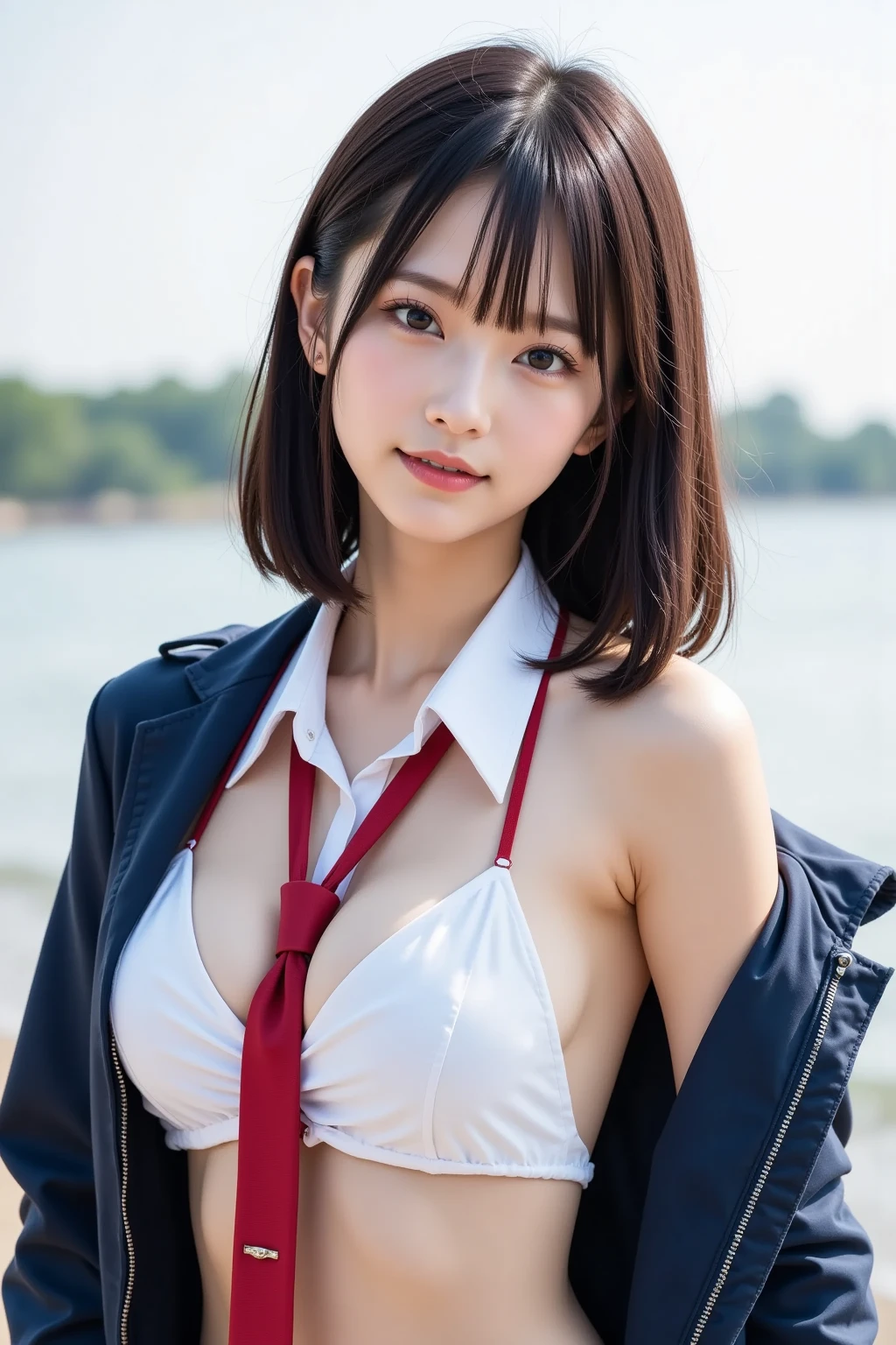 (masterpiece:1.2), (photorealistic:1.2), (best quality),((realistic:1.3)), (detailed skin:1.3), (intricate details), dramatic, ray tracing,finely detailed, quality,realistic lighting,large breasts,1girl,mami nanami, short hair, aqua eyes, blonde hair, hair between eyes, , skirt, shirt, collarbone, white shirt, short sleeves, frills, shoes, socks, white socks, corset, , navel, jacket, swimsuit, bikini, white jacket, flag print, american flag bikini,cowboy shot,smile,looking at viewer,(outdoors,dynamic pose) <lora:epi_noiseoffset2:0.8> <lora:more_details:0.8> <lora:maminanami-lora-nochekaiser:1>