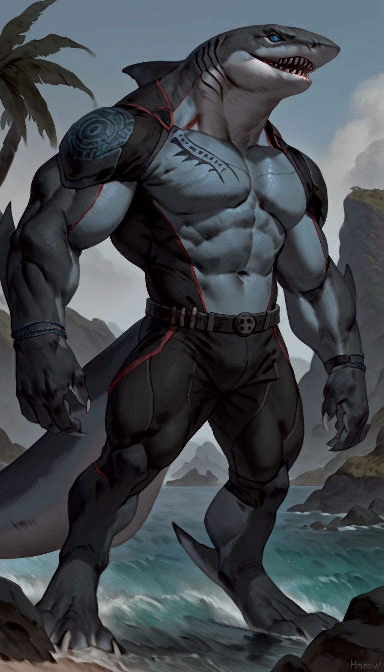 sharkman, anthro megalodon, hunk, black and blue hands and fins, black back, solo, big arms, bara, detailed smooth skin, lizard shark hybrid, anthro, closed mouth, predatory grin, detailed scales, muscular, thick legs, proporcional body, wide chest, trapezoid body type, marked jaw, thick shark tail, armless bodysuit, best quality, 4k, ultra-detailed, by Buta99, by honovy, detailed illustration of 4K horror, island beach scenery, wearing pants, tribal shark tattoos on the body, standing near water