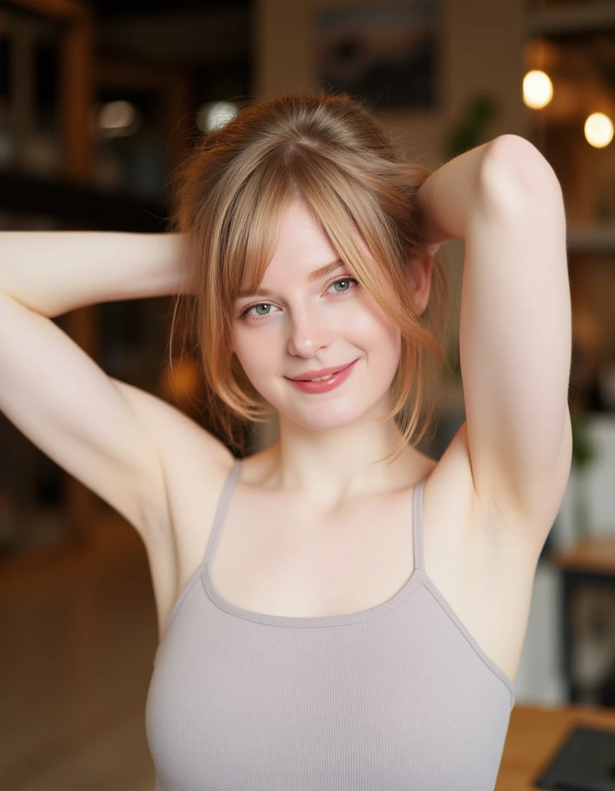 beautiful detailed photograph, messy blonde hair loose strands framing her face,  wearing a camisole, standing in cafe looking at the viewer, smile, arms up, hands behind her head