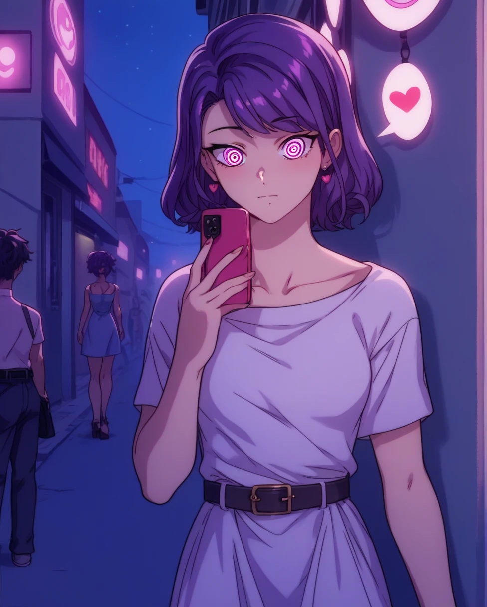 score_9, score_8_ up, score_7_ up,  source_ anime line break 1girl, throw, Miyajima Tubaki , hypnotism,  is standing, Night Street, heart-shaped p upils,  swift bangs,  dress, belt,  brainwashed, ,  looking , gap, Telephone, heart, Eye symbol,  purple hair, rating_i doubt it