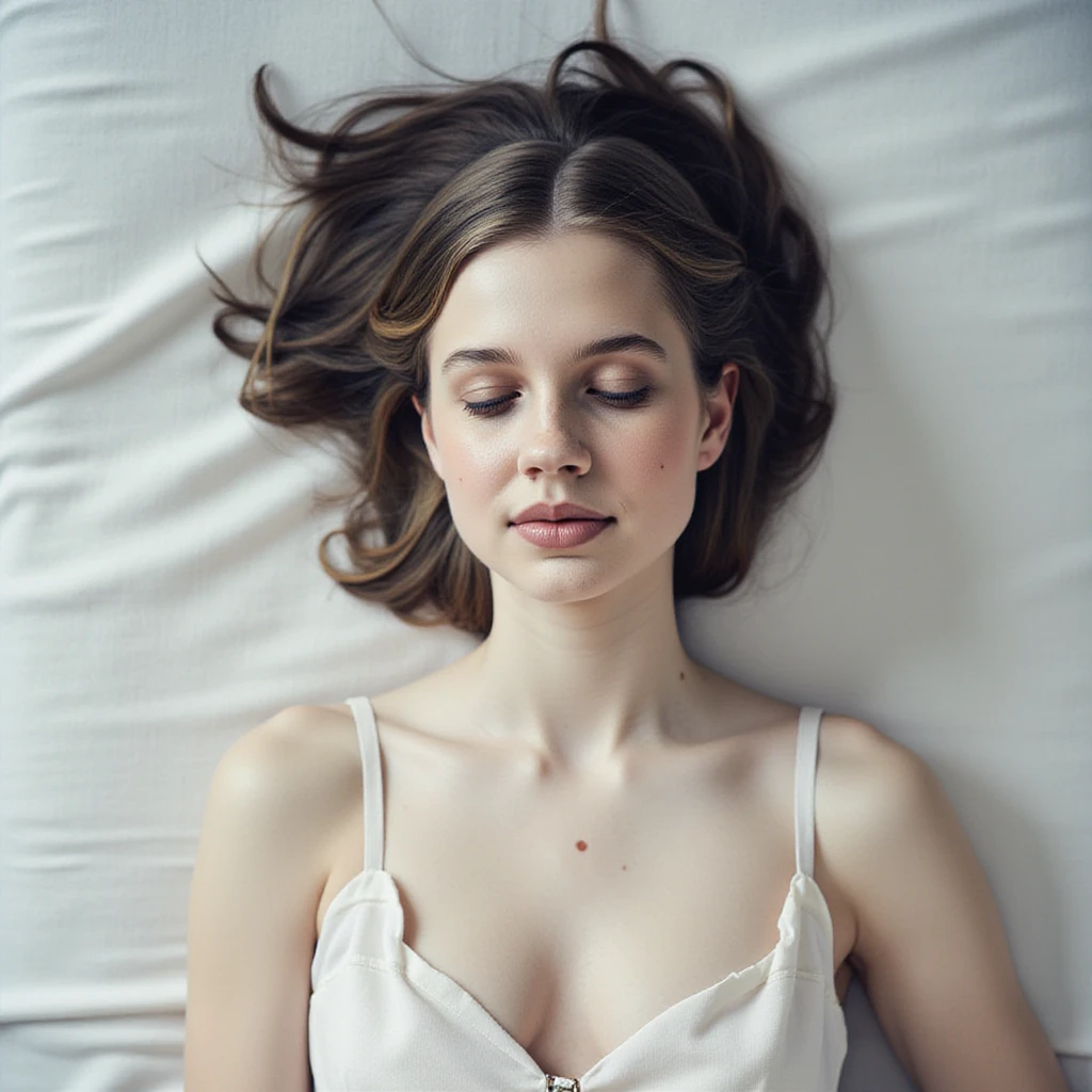 Angourie Rice, picture from above, lying limp on a bed with white sheet, white bra, white stockings, sleeping, closed eyes, head tilt, mouth slightly open, loose arms, dark makeup 