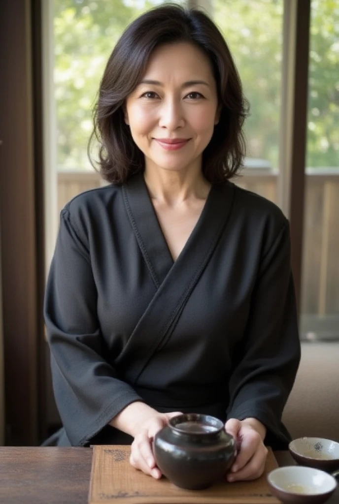 Mature Woman,  Japanese, 58 years old (Mature Beauty: 1.5),  A Gentle and Seductive Smile , (Fine laugh lines: 1.4), Natural Aging 、A warm look, (wavy hair: 1.3),  Soft and Natural Wrinkles 、 clear skin (1.4),  sharp focus ,  high definition,  super detail (1.4),  Unmatched Beauty , (Eye Makeup: 1.3), (lipstick: 1.2), ( eyeshadow), ( mascara),  Slim and Gentle Curves ,  Elegant and elegant posture , Realistic,  realistic (1.4), masterpiece,  top quality,  depth of field,  PHYSICAL BASED RENDERING ,  Fascinating Atmosphere ,  MONOCHROME , Black and White Photography,  CLASSIC ATMOSPHERE 。
background: ( Classic Japanese-style room with soft focus : 1.4), Window Side with a View of Bamboo Grove ,  Soft natural light pours in , Morning fog drifts 、 Shoji shadows gently swaying ,  Pottery tea utensils are beautifully arranged on a low wooden table in the foreground,  Cinematic depth and warmth drifting through silence 。
Costume: ( Silk Japanese Style Dress : 1.4),  Simple, flowing lines ,  Elegant Embroidered Details ,  Black Color Palette , Delicate Collar ,  Feminine and sophisticated design ,  Luxurious Material 。