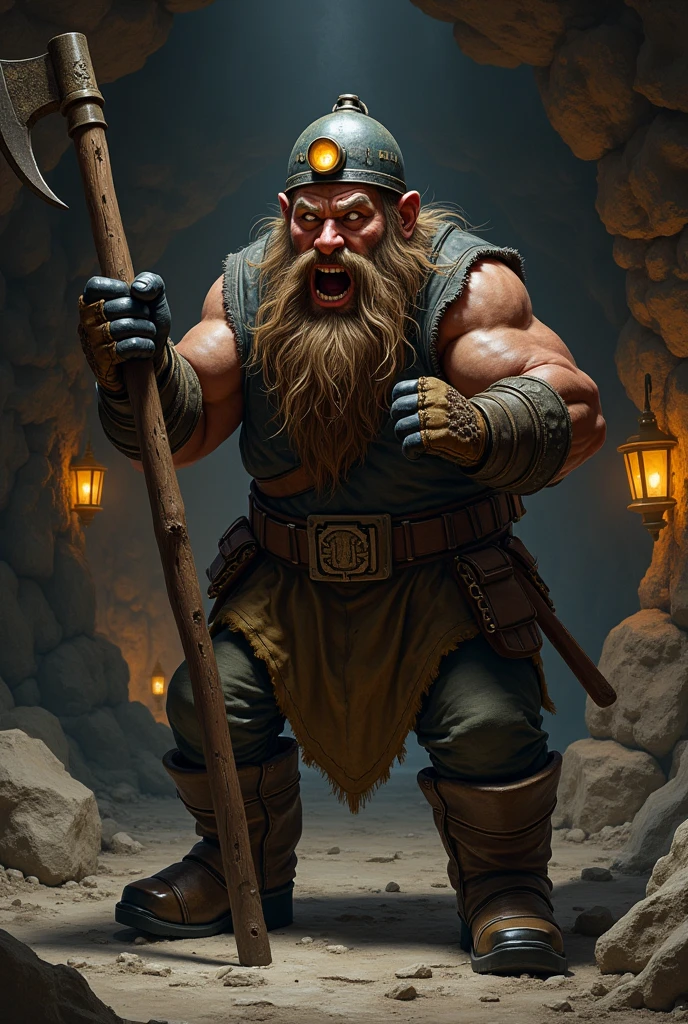 I want an image of a small dwarf with a big beard, and the braided hair, he uses a large war hammer almost as tall as he is, has only a diamond and emerald sapphire bracelet on her left arm