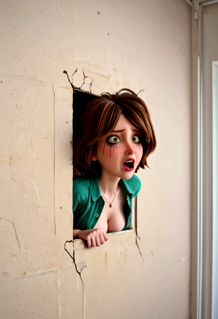 Aunt Cass from Big Hero 6 ,  short hair ,  scared  , shout, ruined makeup, blushing, fat breasts,  unbuttoned green shirt , naked breasts.  Seen from the side. from side.  struggle to get out stuck in hole (Commission in wall), stuck in a wall.  realistic photo.