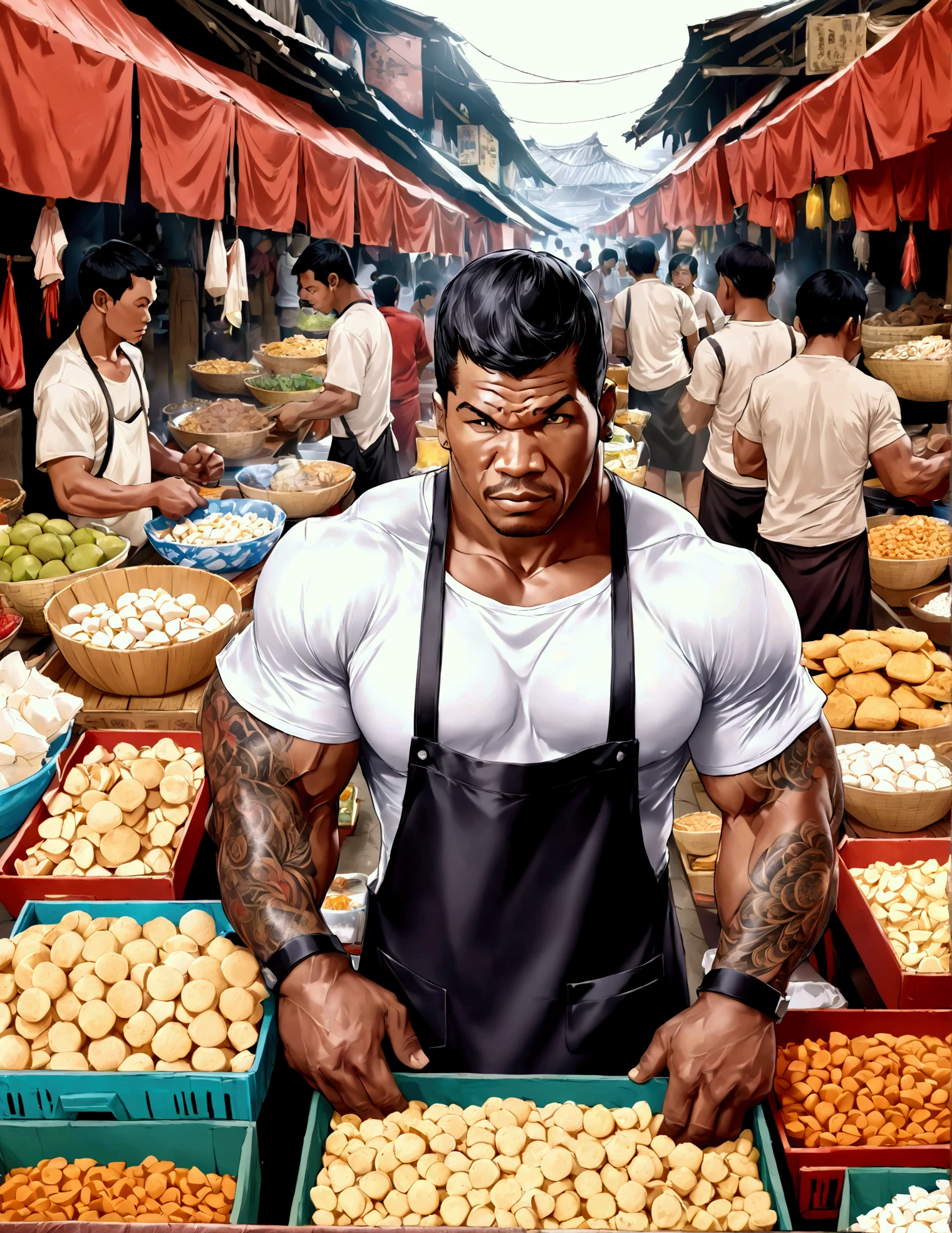 A muscular man resembling Mike Tyson, dressed in a simple white T-shirt and apron, working at a bustling traditional market in Indonesia. He's surrounded by various types of traditional snacks on display, with traditional Indonesian market stalls in the background. He is skillfully organize the snacks on the table, showing concentration and skill. The market is crowded, with people shopping and vendors selling their goods. The atmosphere is lively, with colorful umbrellas, signs in Indonesian, and the typical hustle of an Indonesian street market and add few more details like he is have very long black hair tied in a bun, huge muscular arms  and chest and have a large ethnic tattoooes on his arm. A female buyer stand in front of his stall.