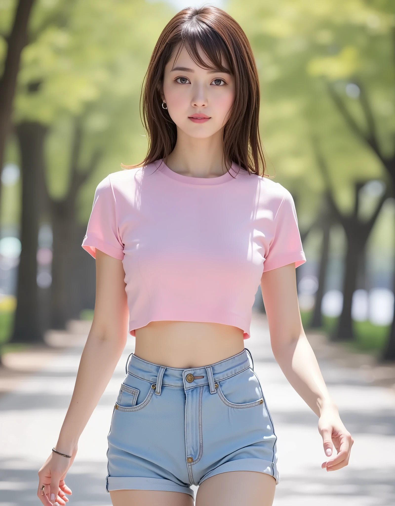 NSFW, (Highest quality), (Ultra-precise CG 16K wallpaper), (Realistic: 1.6), (High saturation), (Sharp), Beautiful detailed shading, Beautiful natural lighting, Beautiful detailed glow, Bright sunlight in the daytime, Natural light, Depth of field, (Mature 24 year old woman, One person: 1.6), (Very beautiful Japanese face), (Sasaki Nozomi), (Straight semi-long hair, bangs: 1.6), (Shiny black hair), (Sparkling eyes), (C cup size breasts, cleavage, slim thighs: 1.6), (Beautiful breasts), (Beautiful legs), (Beautiful skin), Beautiful proportions, (Smile: 1.0), (Looking at me: 1.6), (Wearing a pink tight cropped T-shirt, light blue tight low-rise shorts: 1.6), (Wearing a bracelet), (Walking pose: 1.6), (Tree-lined road), (Full screen image:1.6), (cowboy shot:1.6), (image of a woman seen from three-quarters front:1.6), (woman walking along a tree-lined street:1.6),