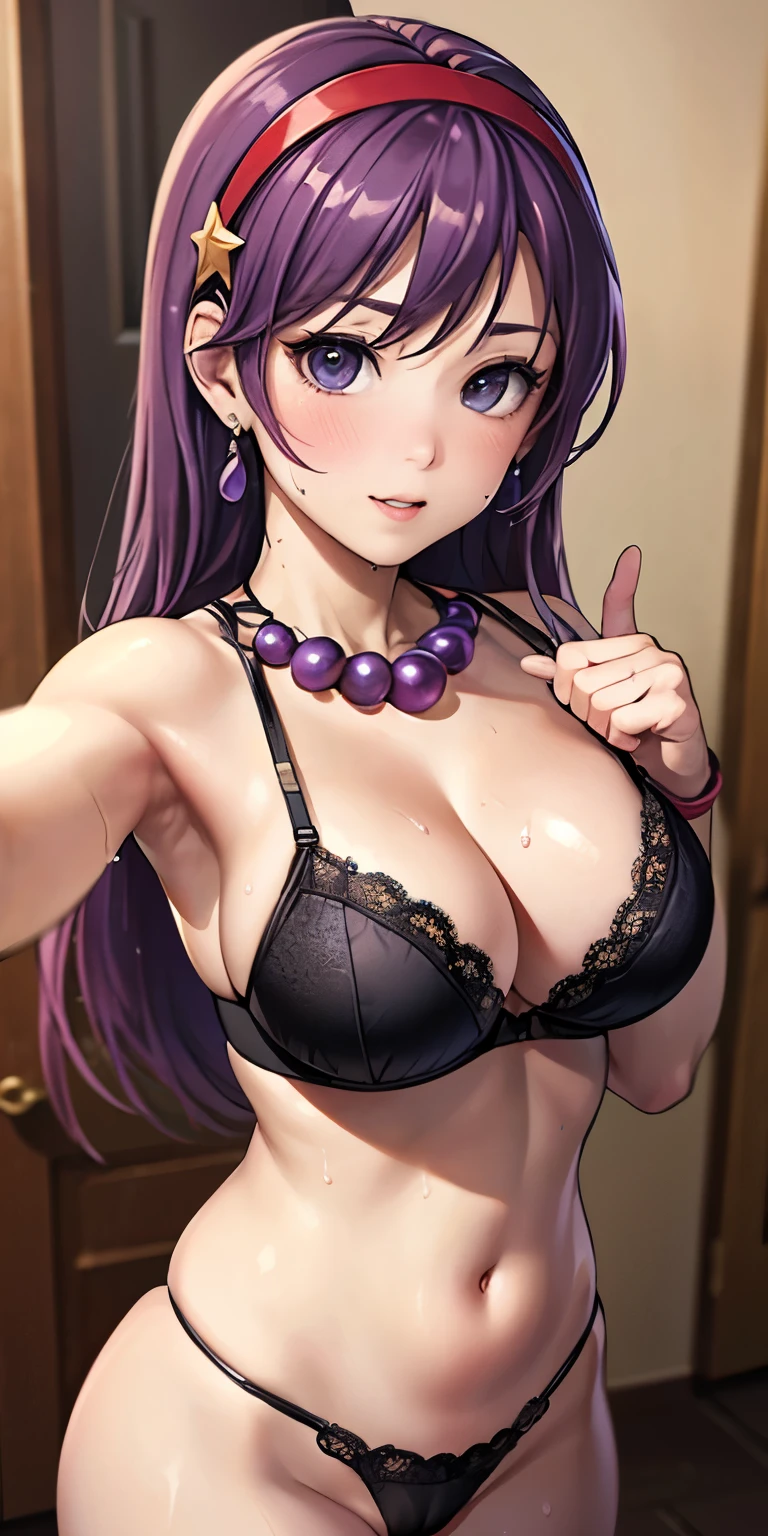 1 Female,High definition,high resolution,Ultra-realistic,8K,aa1, purple hair, long hair,red hairband, long hair, necklace,earrings, wristband,black lace bra,black thong,European,sexy,Upper body close-up,Photographed from the front,Dynamic Angles,blush, big tits,cute face, facial, sweat, perfect face,  perfect body,(wide thighs:1.3),cute face, selfie,cameltoe,(pussy)