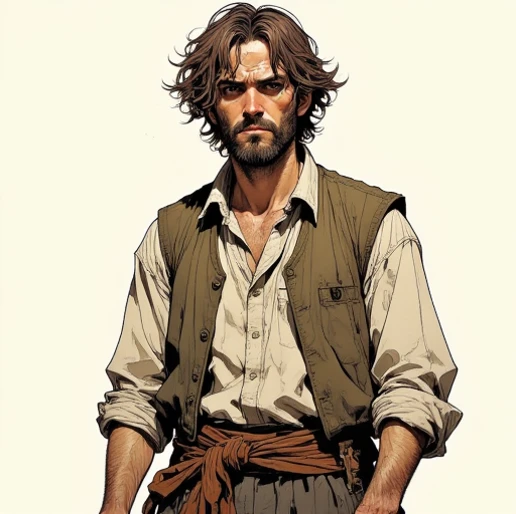  A 30-year-old young farmer from the Middle Ages, half body,  looking forward, with simple clothes from the Middle Ages. imagen Mangaka style,  no background,  with brown hair and beard