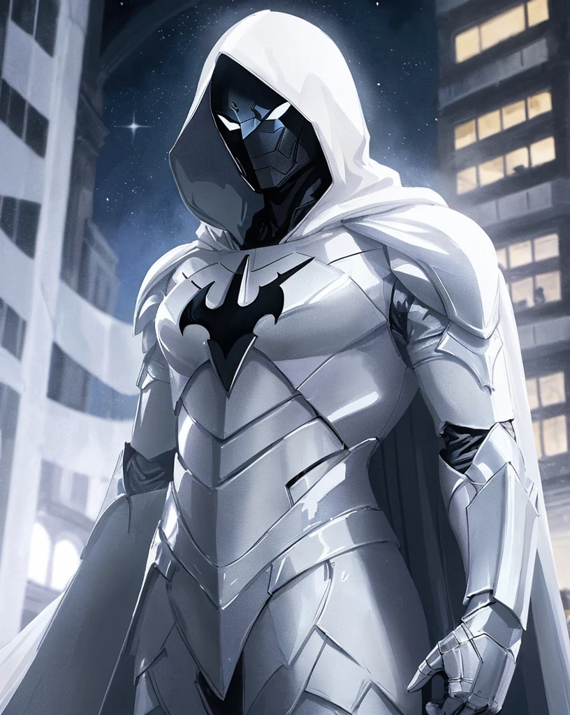 Design an artwork of a valiant knight in shining armor, standing resolute against a dragon, with a majestic and epic backdrop, batman in a white suit with a hood and cape, moon knight, female moon knight, sleek streamlined white armor, streamlined white armor, white superior iron woman, sleek bright white armor, modern clean white armor, sleek white armor, tor from marvel, matt white color armor, style of raymond swanland, white armor, white cloak, goddess as spiderbatman