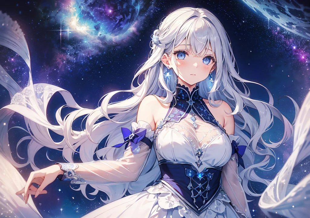 A princess with a delicate and beautiful face, large eyes, and translucent skin is looking up at the moon from a castle, enchantingly dressed in a traditional and glamorous medieval European dress and wearing a large hair ornament. A gentle, warm light surrounds the princess. The background is filled with soft out-of-focus light, and the pale blue and purple tones create a dreamy, serene, and enchanting atmosphere. Fireflies glowing in the moonlit night surround the princess, adding to the magical and ethereal atmosphere. Emphasis on the armpit and clavicle