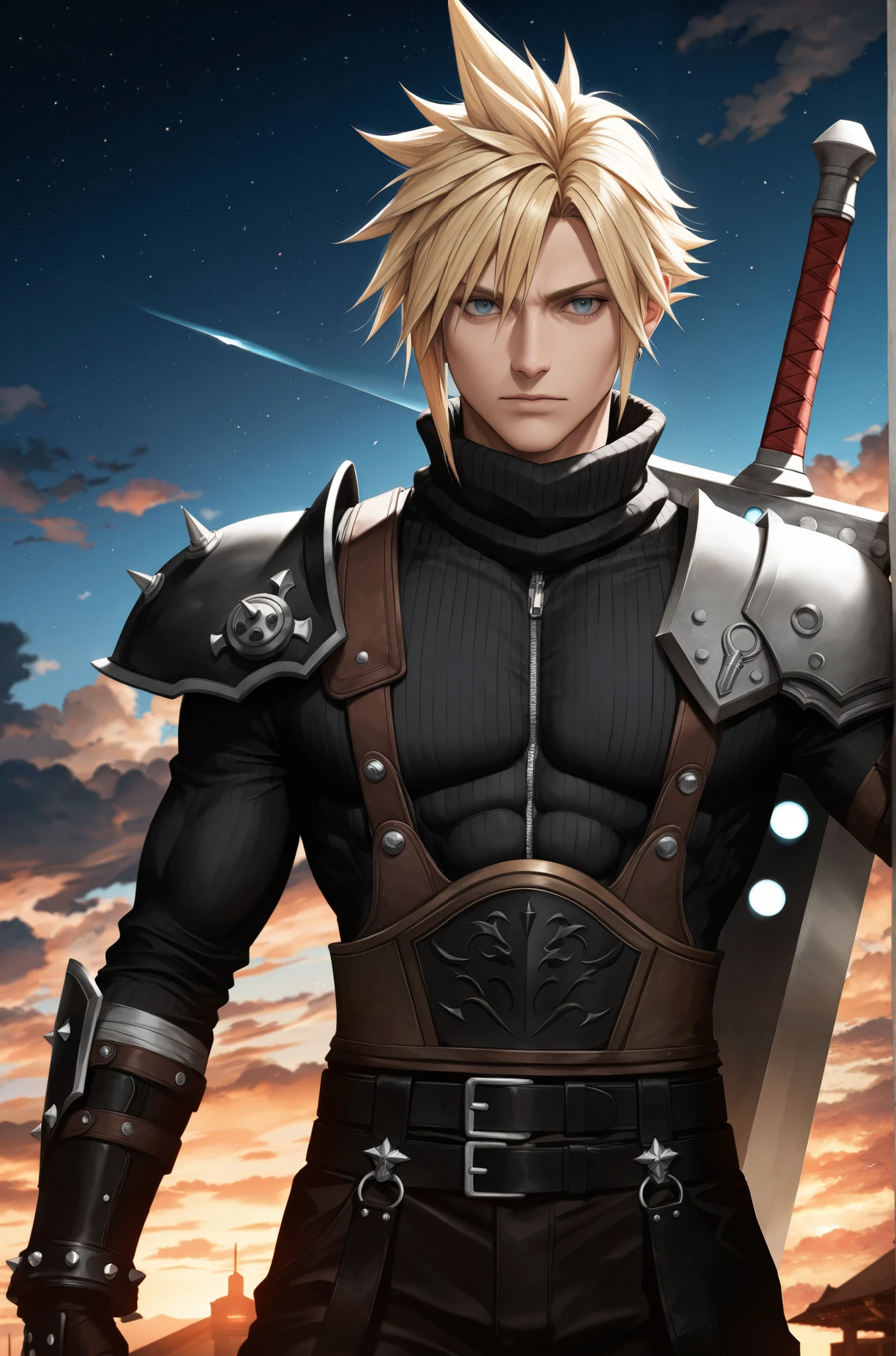 masterpiece, best quality, 2.5D, realistic, buster sword, holding buster sword, 1man, Cloud Strife, final fantasy, 1man, blonde_hair, outside, night time