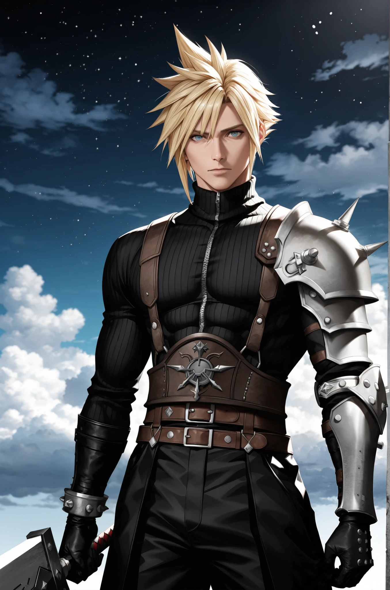 masterpiece, best quality, 2.5D, realistic, buster sword, holding buster sword, 1man, Cloud Strife, final fantasy, 1man, blonde_hair, outside, night time