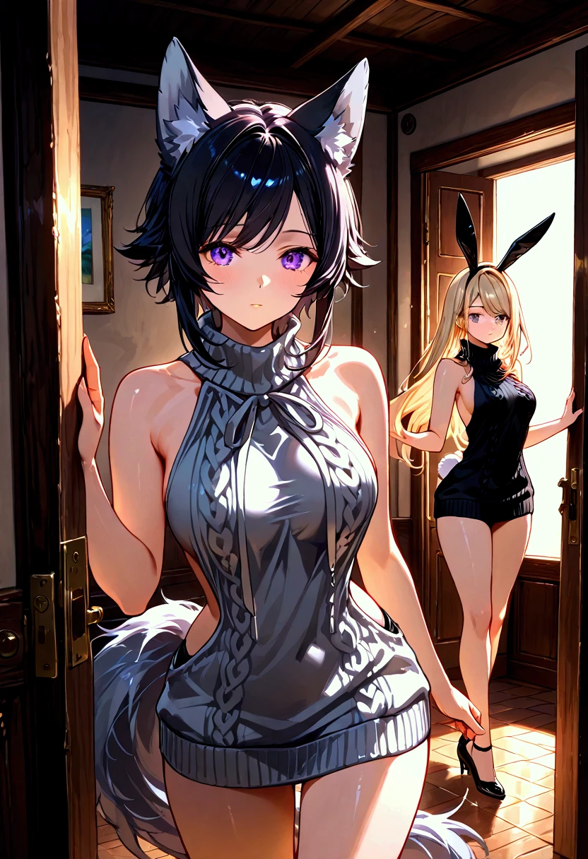 absurd res, high res, (masterpiece:1.4), ultra-detailed, 2girls, from behind, space, floating, snow white kimono, snow white dress, black bra, light black hair, purple eyes, hands out of frame, furry ears, slightly open kimono, cat ears, medium breasts, boobs, purple eyes, kimono falling from shoulders, bare shoulders, bare legs, bare back, bare back dress, round ass, squeezing ass, 1mole under eyes,
