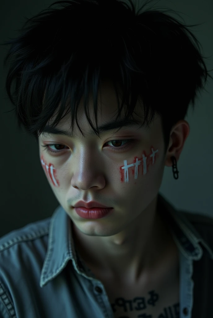 two hot man fight til the end, portrait, wet body by Sweat and white sperm, hair and face, advertise concept, confident, vogue magazine cover concept, shirtless, studio nature photo, grey wall, Wounded face due to a cut, with red blood face, sensual lips with blood and injury eyes, and break his face