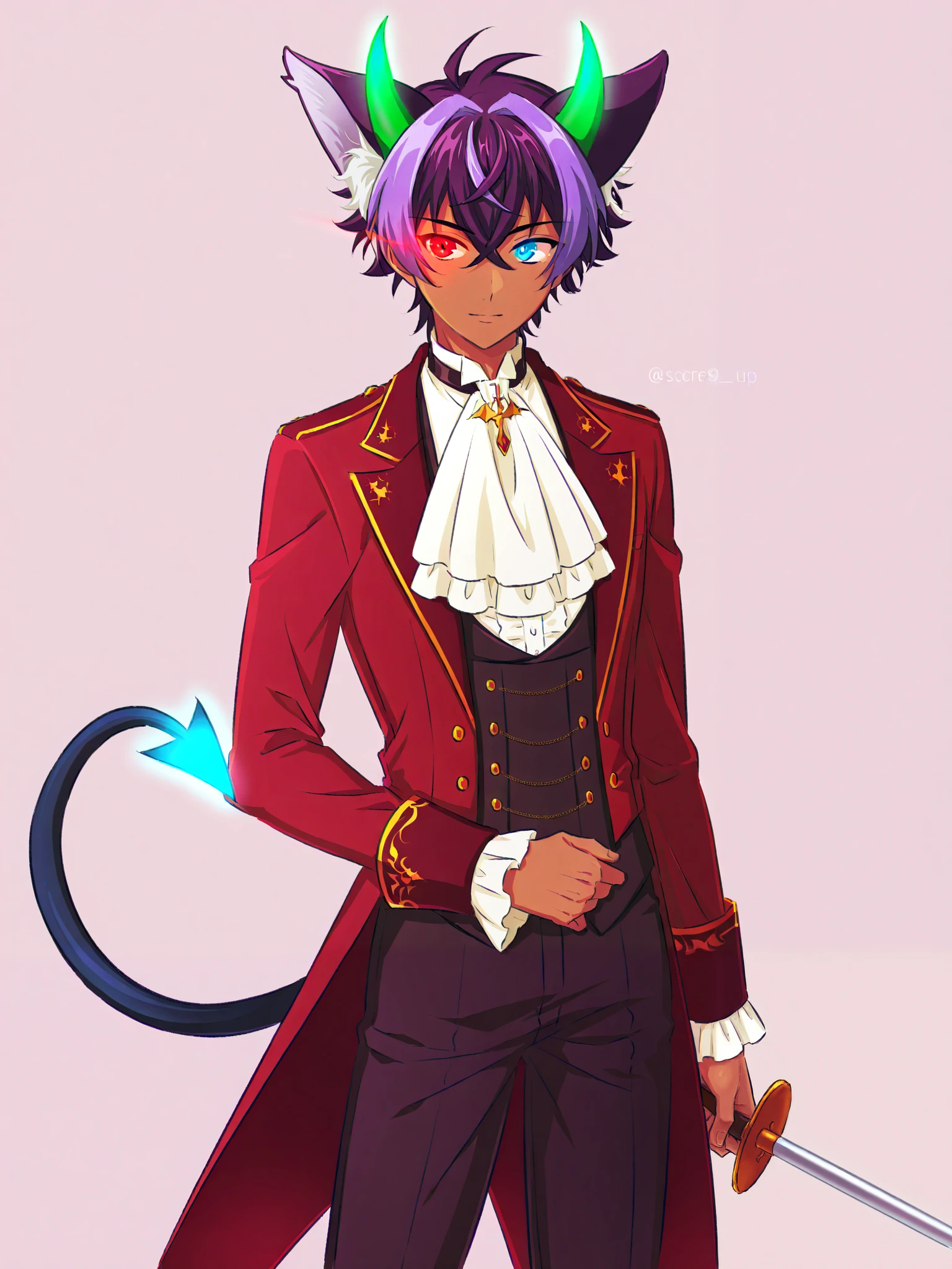 strong, dark skin, purple wolf ears, solo, victorian militaristic outfit, short hair, blue eyes, simple background, red eyes, 1boy ,demon tail, weapon, purple hair, male focus, multicolored hair, green horns, pointy ears, glowing, heterochromia, glowing eyes, glowing eye