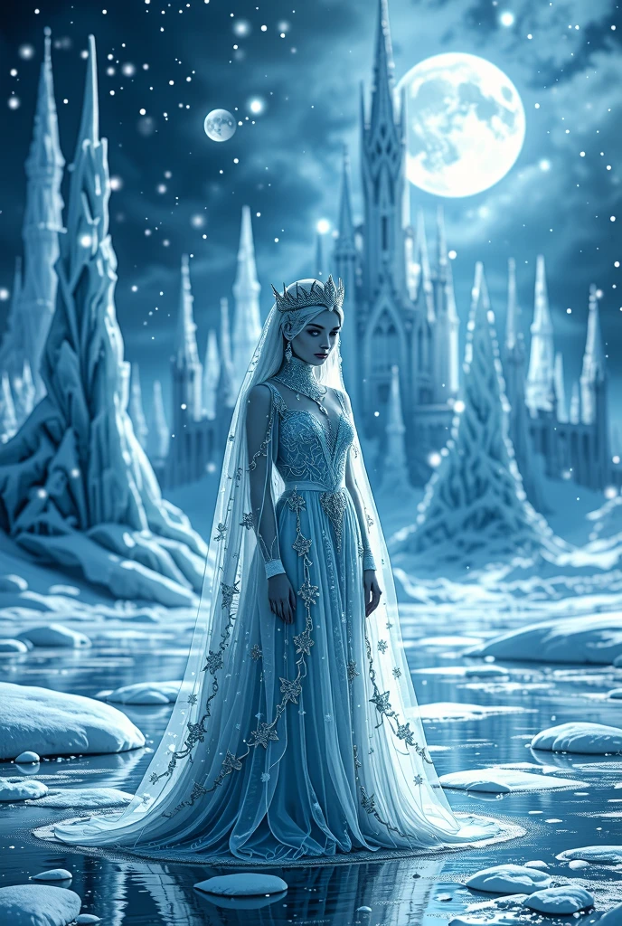 Flux: Illustration of Hans Christian Andersen's "The Snow Queen," cinematic, photorealism — 
 
A breathtaking winter scene captures the essence of Hans Christian Andersen's "The Snow Queen." The setting is an icy, ethereal landscape bathed in the cool light of the full moon. The Snow Queen, a regal and enigmatic figure, is at the center, standing on a frozen lake. She is adorned in a flowing, sparkling gown of pure ice and snow, with a majestic crown of intricate frost patterns resting on her silvery hair. Her piercing blue eyes reflect the cold beauty of the scene, and her expression is both alluring and chilling. 
 
The background reveals an expansive icy palace with tall, crystalline spires that glisten under the moonlight. Snowflakes gently fall, adding a magical, serene ambiance to the environment. Lighting is key, with a soft, bluish hue enveloping the scene, casting long, dramatic shadows that enhance the cinematic quality. The composition places the Snow Queen slightly off-cent