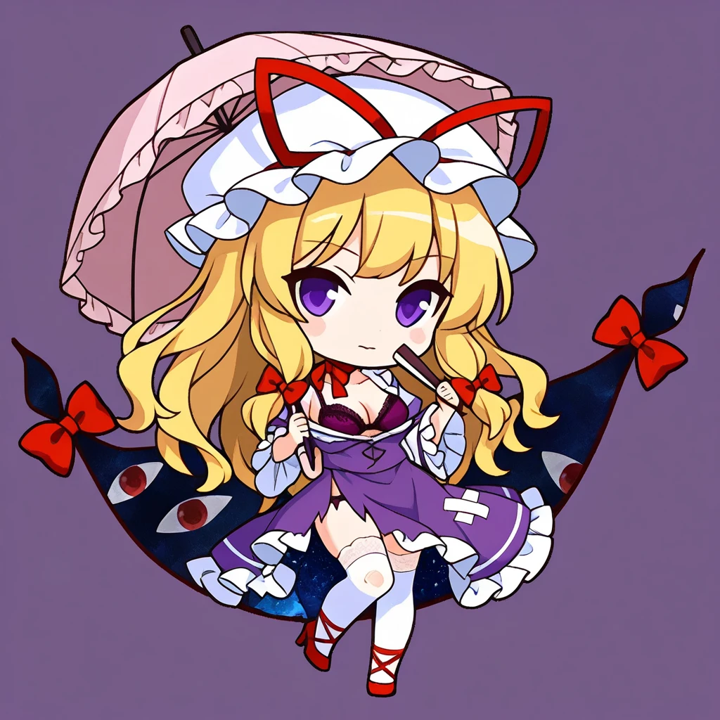 (chibi-dol), 1girl, blonde hair, bow, bra, breasts, choker, collarbone, cross-laced footwear, crossed bandaids, dress, folded fan, folding fan, frilled dress, frilled sleeves, frills, full body, gap (touhou), hair bow, hand fan, hat, high heels, holding, holding fan, holding umbrella, injury, lace-trimmed bra, lace-trimmed thighhighs, lace trim, long hair, pink umbrella, purple bra, purple dress, purple eyes, red bow, red footwear, red ribbon, ribbon, ribbon choker, solo, space print, starry sky print, tachi-e, teardrop, thighhighs, torn clothes, torn dress, torn hat, torn thighhighs, transparent background, umbrella, underwear, white thighhighs, zettai ryouiki, 