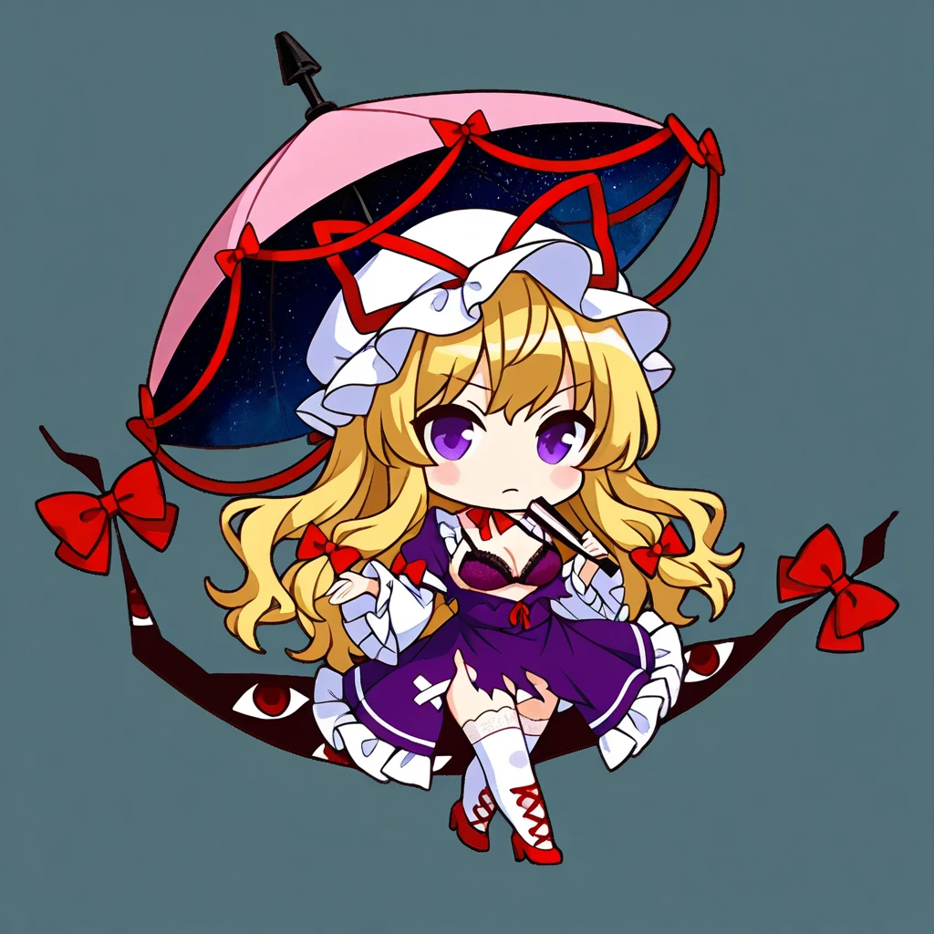 (chibi-dol), 1girl, blonde hair, bow, bra, breasts, choker, collarbone, cross-laced footwear, crossed bandaids, dress, folded fan, folding fan, frilled dress, frilled sleeves, frills, full body, gap (touhou), hair bow, hand fan, hat, high heels, holding, holding fan, holding umbrella, injury, lace-trimmed bra, lace-trimmed thighhighs, lace trim, long hair, pink umbrella, purple bra, purple dress, purple eyes, red bow, red footwear, red ribbon, ribbon, ribbon choker, solo, space print, starry sky print, tachi-e, teardrop, thighhighs, torn clothes, torn dress, torn hat, torn thighhighs, transparent background, umbrella, underwear, white thighhighs, zettai ryouiki, 