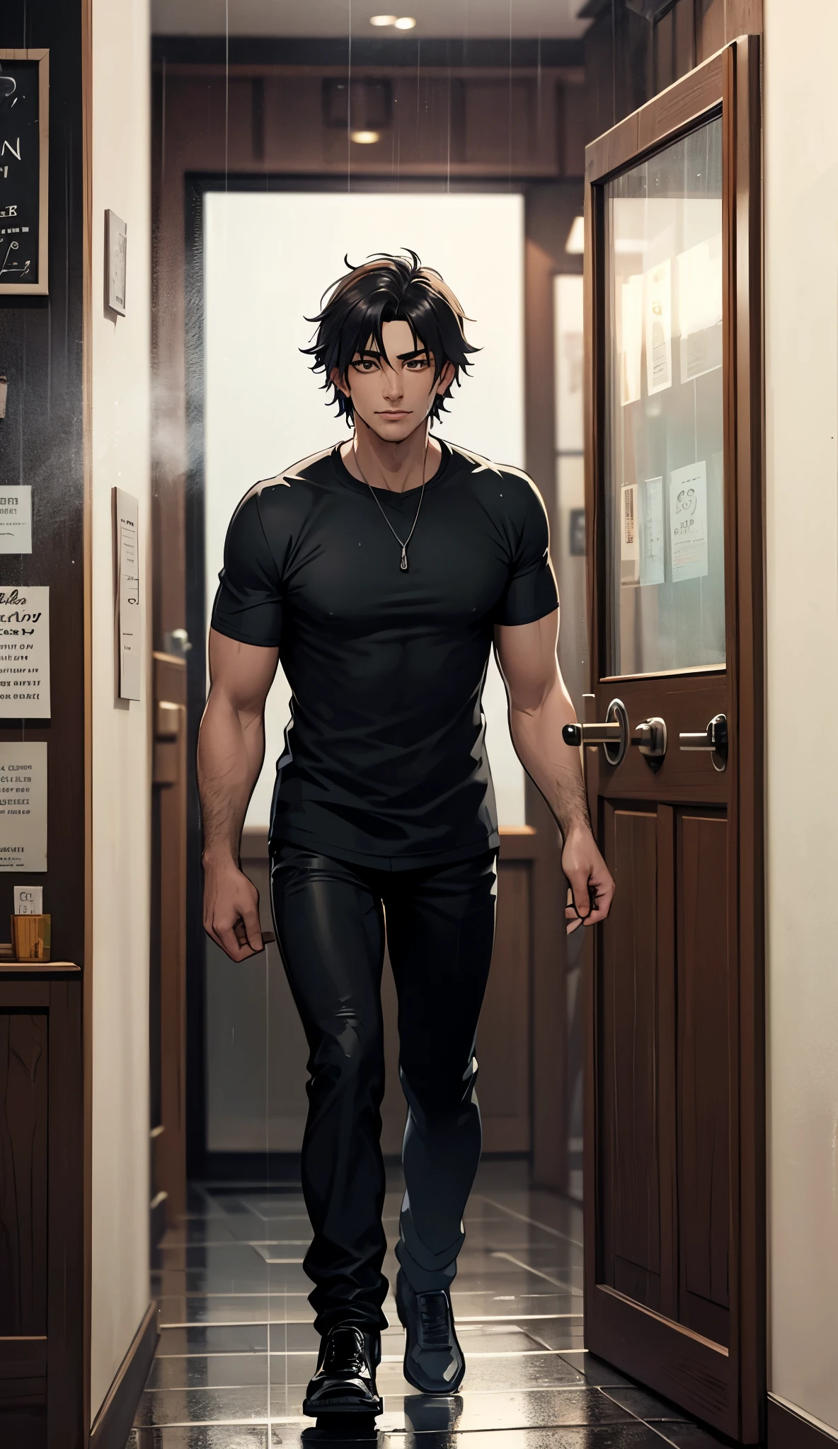 Mysterious man arrives and stands at the door inside the coffee shop all wet from the rain