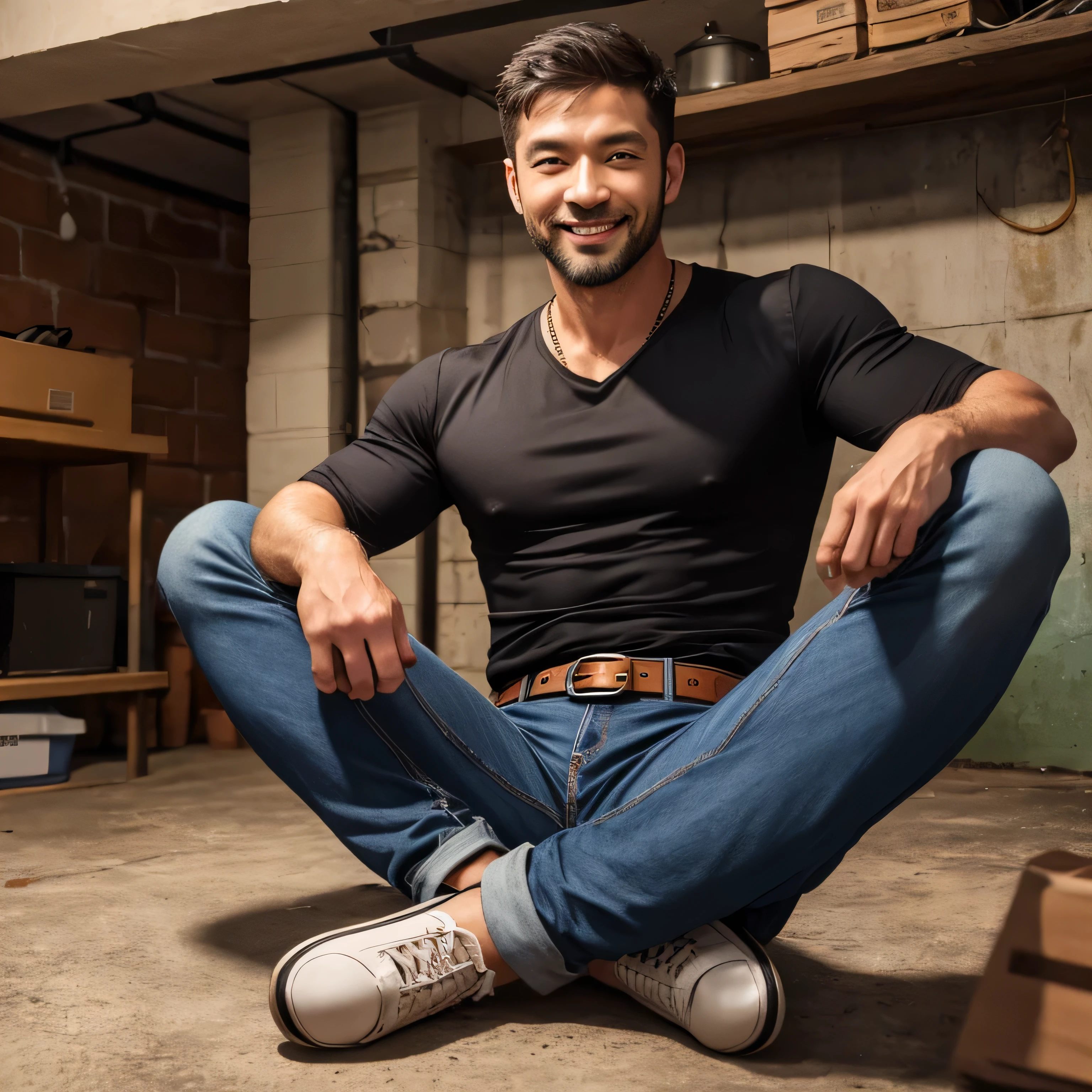 40 year old handsome , One Man,、 muscularity、Asian。 black shirt 、 slim jeans similar to Kim Seol-young、 shorthair 　、 basement、 open leg 。 Sitting on the ground 、 black shirt 、 slim jeans similar to Kim Seol-young 、 Lift your upper body 、Focus on facial expressions　Turkish　Smile　 black Hermes belt