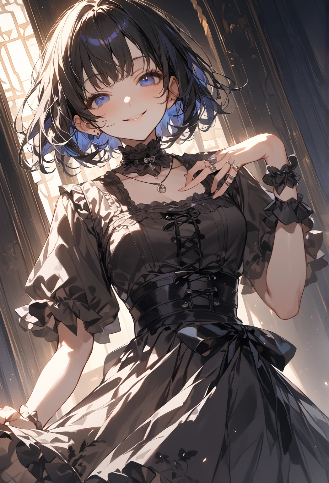 1girl, cute young woman, full body portrait, standing pose, black dress, white background, soft lighting, high detail, anime style, vibrant colors, kawaii, big eyes, cheerful expression