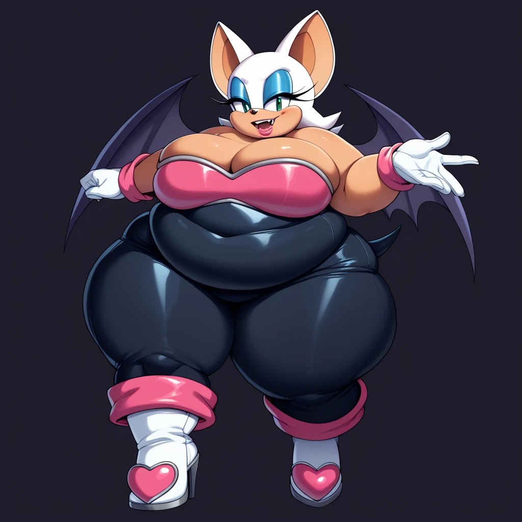 [Rouge the bat], [Uploaded to e621.net; (Pixelsketcher), (wamudraws), (napalm_express)], ((masterpiece)), ((HD)), ((High res)), ((furry)), ((solo portrait)), ((front view)), ((full body)), ((feet visible)), ((detailed fur)), ((detailed shading)), ((cel shading)), ((beautiful render art)), ((intricate details)), {anthro, (white fur), (orange skin), black nose, bat ears, cute blue eyes, (half-closed eyes), (blue eyeshadow), short tail, (curvy hips), (beautiful legs), (smug grin)}, {(black bodysuit), (pink shirt under bodysuit), (cleavage), (white gloves), (white knee-high boots)}, {(sitting on table), (crossed legs), (looking at viewer)}, [background; (hallway), (museum), (ambient lighting)], huge overfilled breast_implant, huge keep_inflating_Extrem_like a blimp, filling her up more plump , large Breast Implants breast expander fill up, extremely huge inflated muscles, hawaii Strand im hintergrund