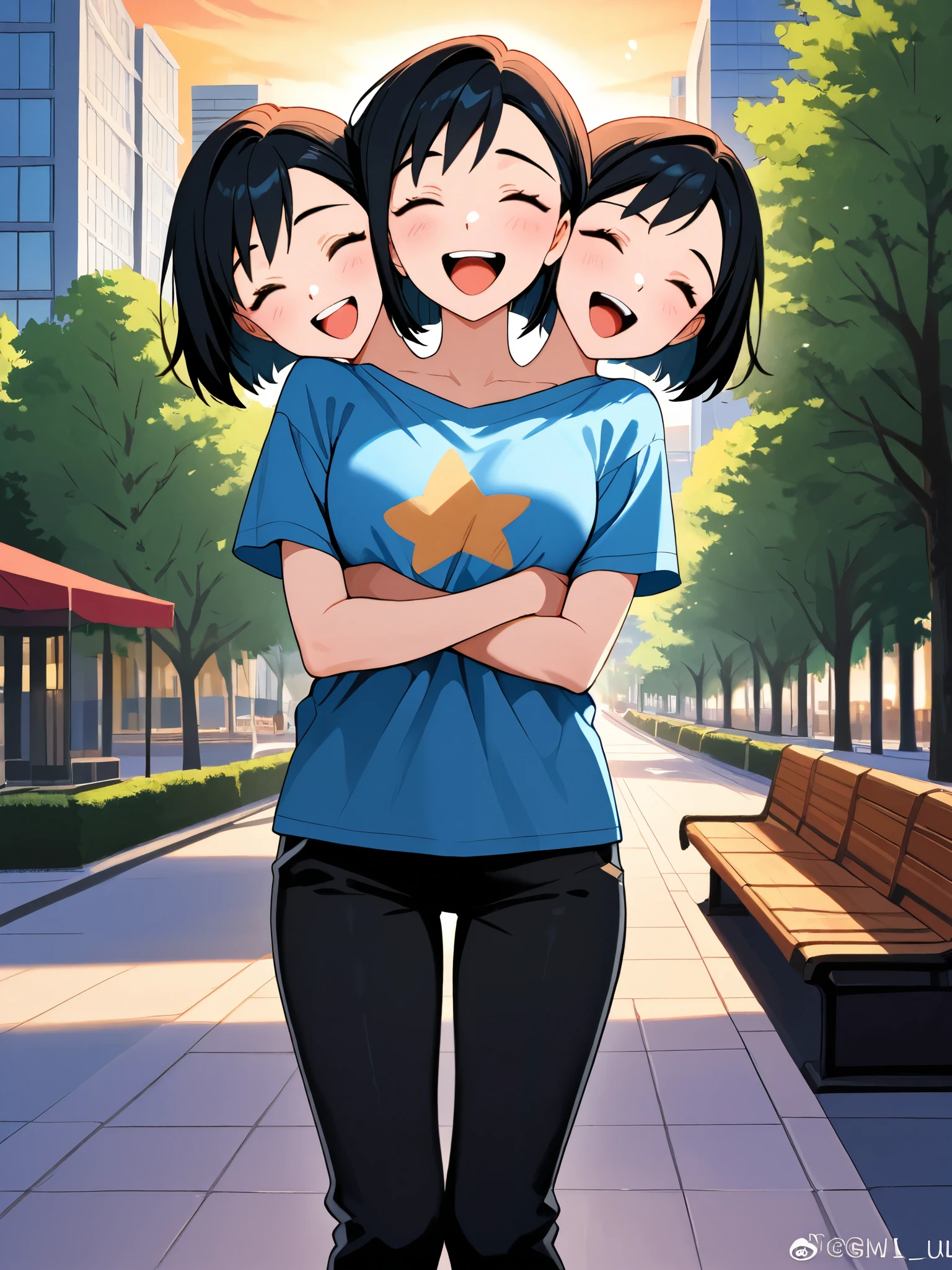 anime girl with three heads, short black upswept hair, eyes closed, open mouth, laughing, blue t-shirt, hugging herself, black pants, city park, evening