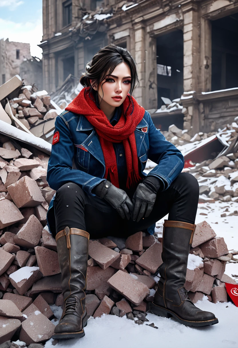 (extremely detailed CG unity 8k wallpaper),(masterpiece), (best quality), (ultra-detailed), (best illustration),(best shadow), (sharp eyeliner, eyeshadow, detailed eyes:1.1), (ruins, destruction, rubble, snow:1.2), cowboy shot, ,BREAK, FNC, (red envelope on lap, emotionless, tears, ptsd, torn clothes, damaged, , on knees:1.1), 