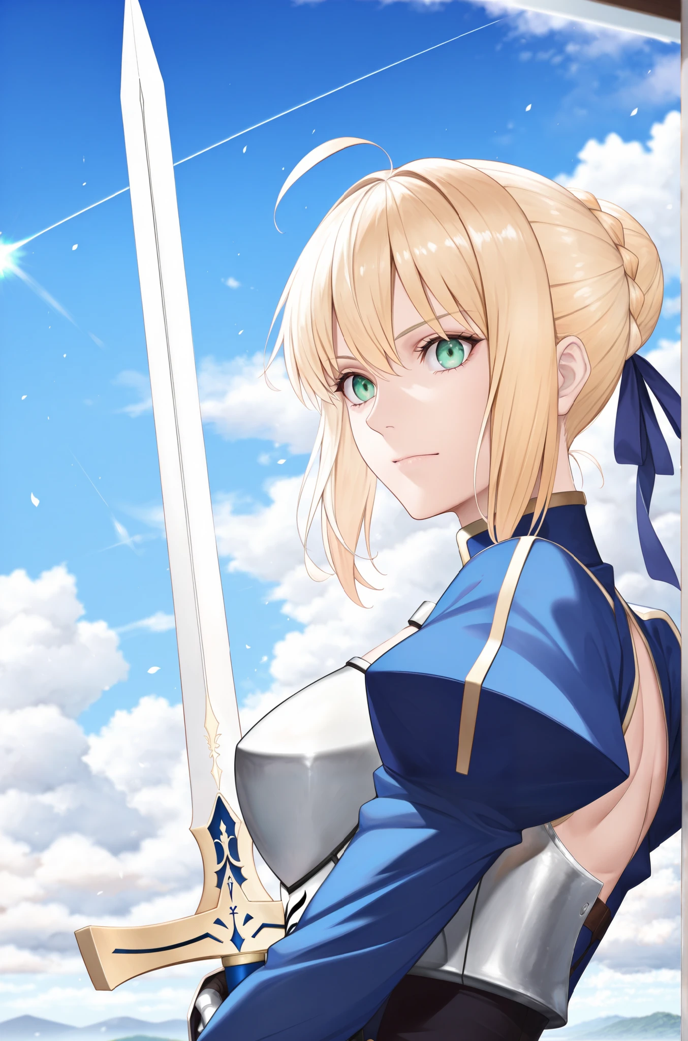 masterpiece, best quality, 2.5D, realistic, ,weapon, holding sword, 1girl, saber, fate_(series), 1girl, blonde_hair, green_eyes, tied hair, detailed background
