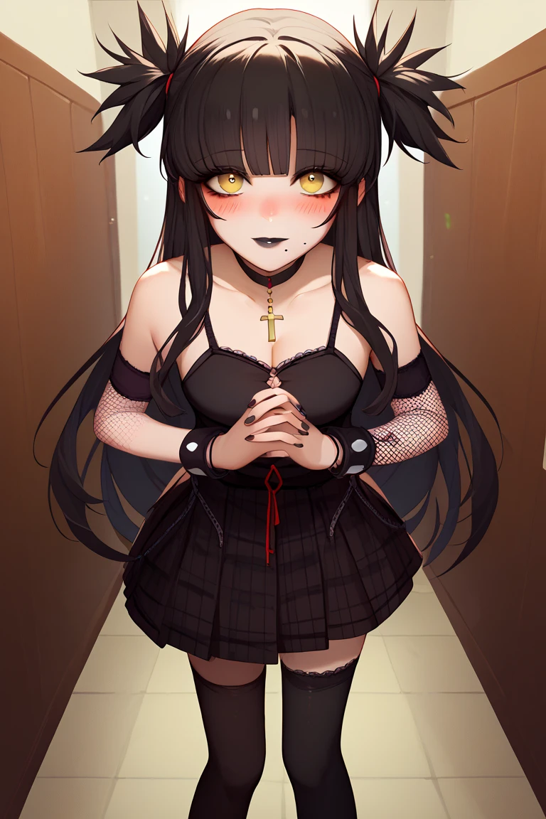 score_9, score_8_up, score_7_up, front view, solo, 1girl, mwophelia, mole under mouth, black lips, blush, smile, looking at viewer, standing, hands together, two side up, black camisole, fishnets, detached sleeves, black skirt, plaid skirt, black thighhighs, black choker, cross necklace, bracelet, nail polish, black nails, bare shoulders, cleavage, indoors, hallway 