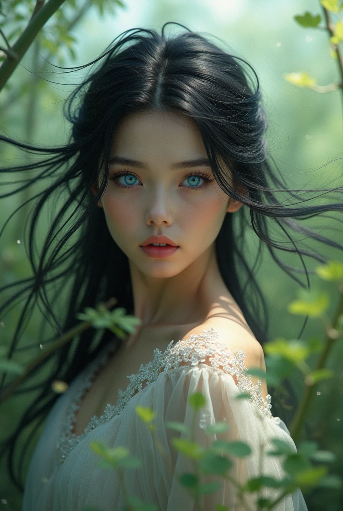 In this captivating image, a lone young girl takes centre stage, captivating the viewer with her presence. She stands in a picturesque outdoor setting, surrounded by lush vegetation and bathed in soft golden light. Her black hair cascades over her shoulders, framing her face, while her bewitching blue eyes shine with depth and intrigue. Tilting her head slightly, she looks directly at the viewer, her expression conveying a mixture of confidence and vulnerability. The emphasis is on her striking features and natural beauty, expertly captured in this hyper-realistic, high-resolution portrait. The background is deliberately slightly blurred, accentuating the focus on the young girl and adding depth to the composition. This photographic masterpiece captures both the outer and inner essence of the young girl, leaving the viewer captivated by her presence. The image will be rendered in a 9:16 format, allowing for a vertical composition that highlights the stature and presence of the young girl.