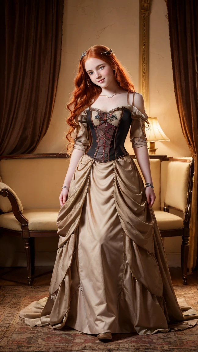 Steampunk dress brown with bolero
,spitze,corset, bolero,diadem,earrings,lippgloss,necklace,long red hairs