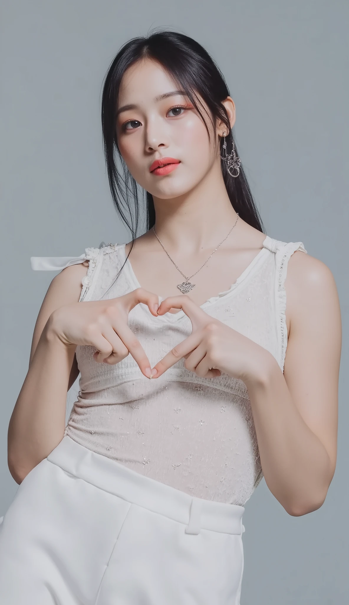      Wear an attractive camisole and shape your hands in front of your chest in the shape of a heart   ,     Cute Smile Up、  The background is plain、  HD、細部にわたって HD  