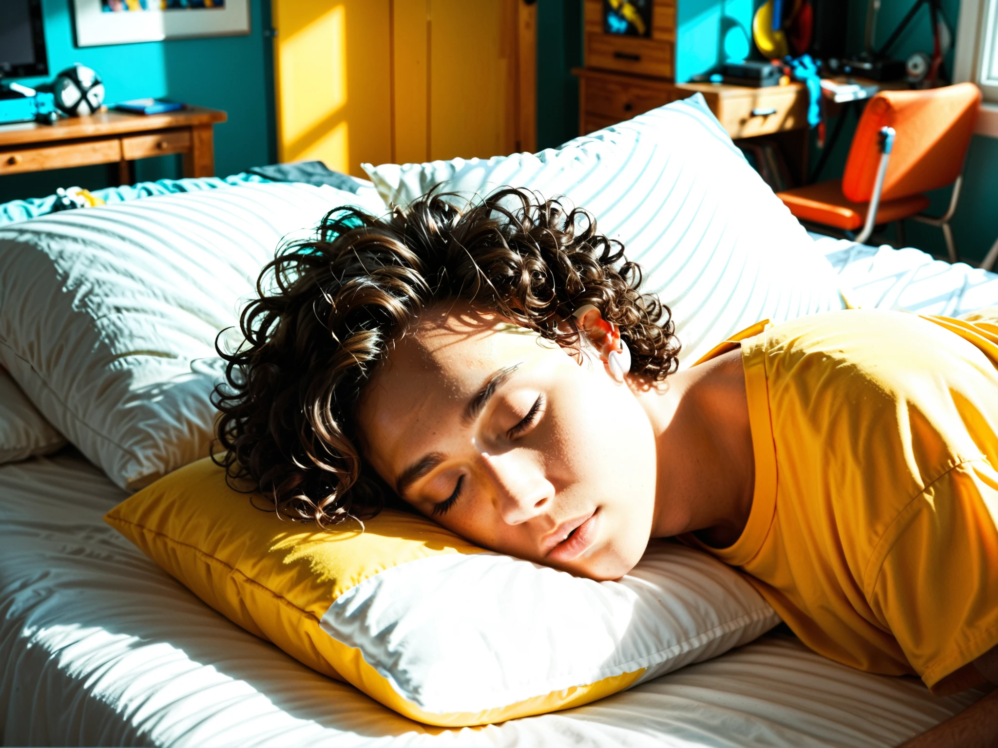 Sexy, handsome, man laying on a pillow in bed, laying on a pillow, face down,  lying on stomach, head in pillow, asleep, short insanely curly hair, in a chill position, a high angle shot, sleepy, passed out, head straight down, head tilted downward, teal and yellow comforter hanging off the bed, messy room, dark lighting, messy room, face down in pillow, teal and yellow covers, face down in the pillow, FACE DOWN, FACE IN PILLOW