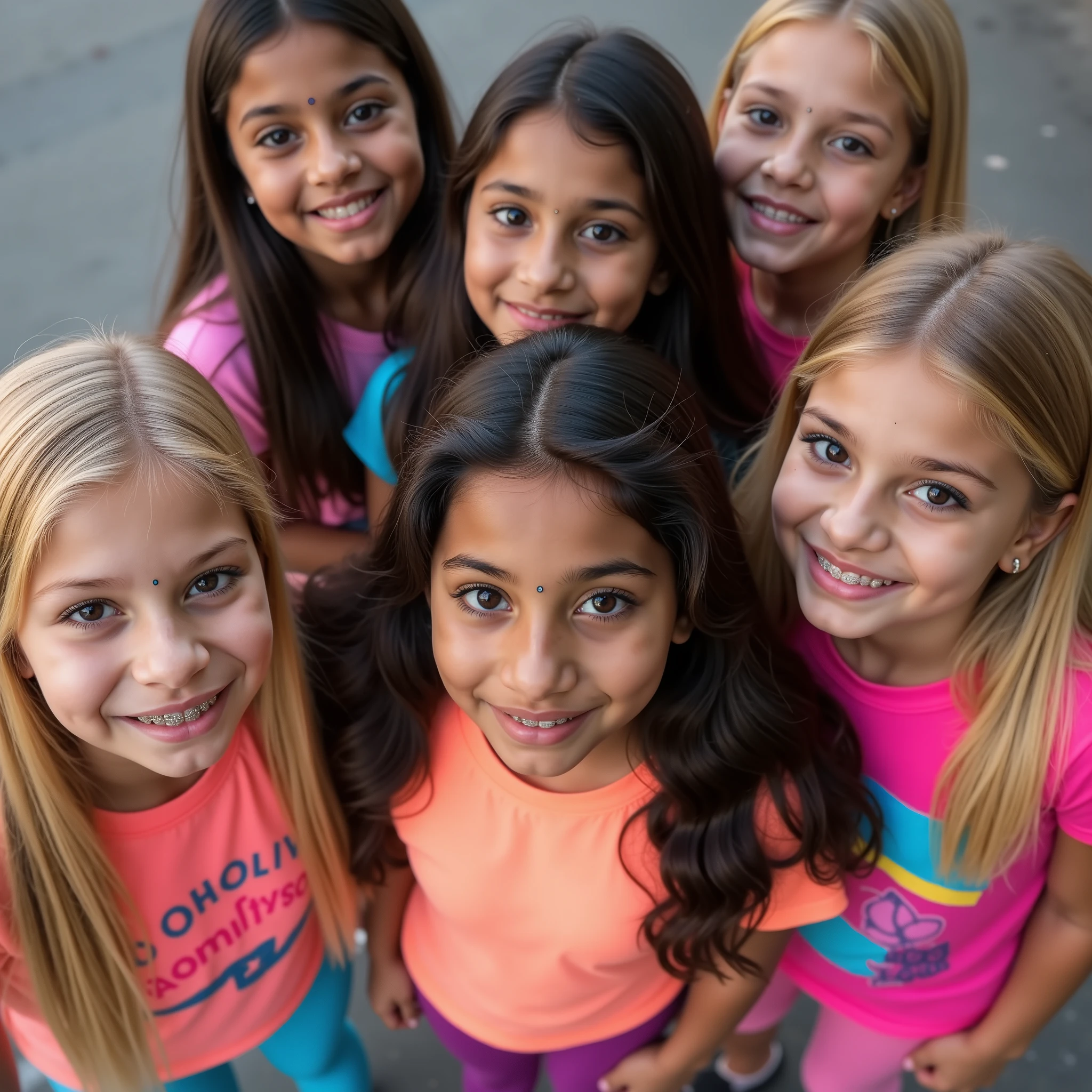 Very realistic photo of 6 very very small beautiful Indian girls , , ren, Very young face,  long blonde hair ,  big lips ,  full lips,  open lips ,  light pink sheen , braces, look at the viewer,  top view . Standing in the schoolyard . The girls wear T-shirts and leggings in various neon colors.