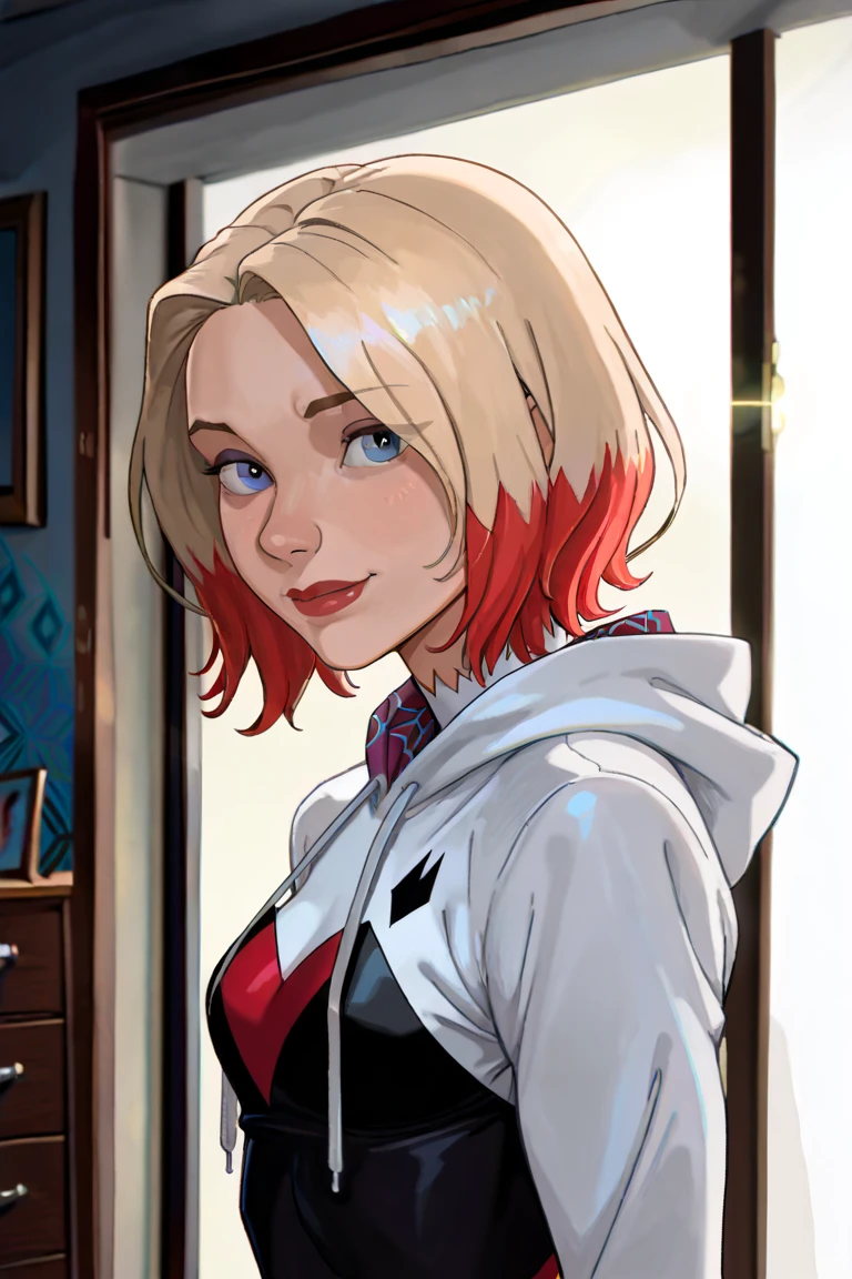 score_9, source_anime, masterpiece, high quality, (Gwen stacy body fusion with Harley Quinn), (white and red mixed Gwen spider suits), (web and diamond pattern hoodie), merging, sexy body, amalgamation, smooth skin, bedroom backgrounds, (8K), (Cinematic lighting), half body photo