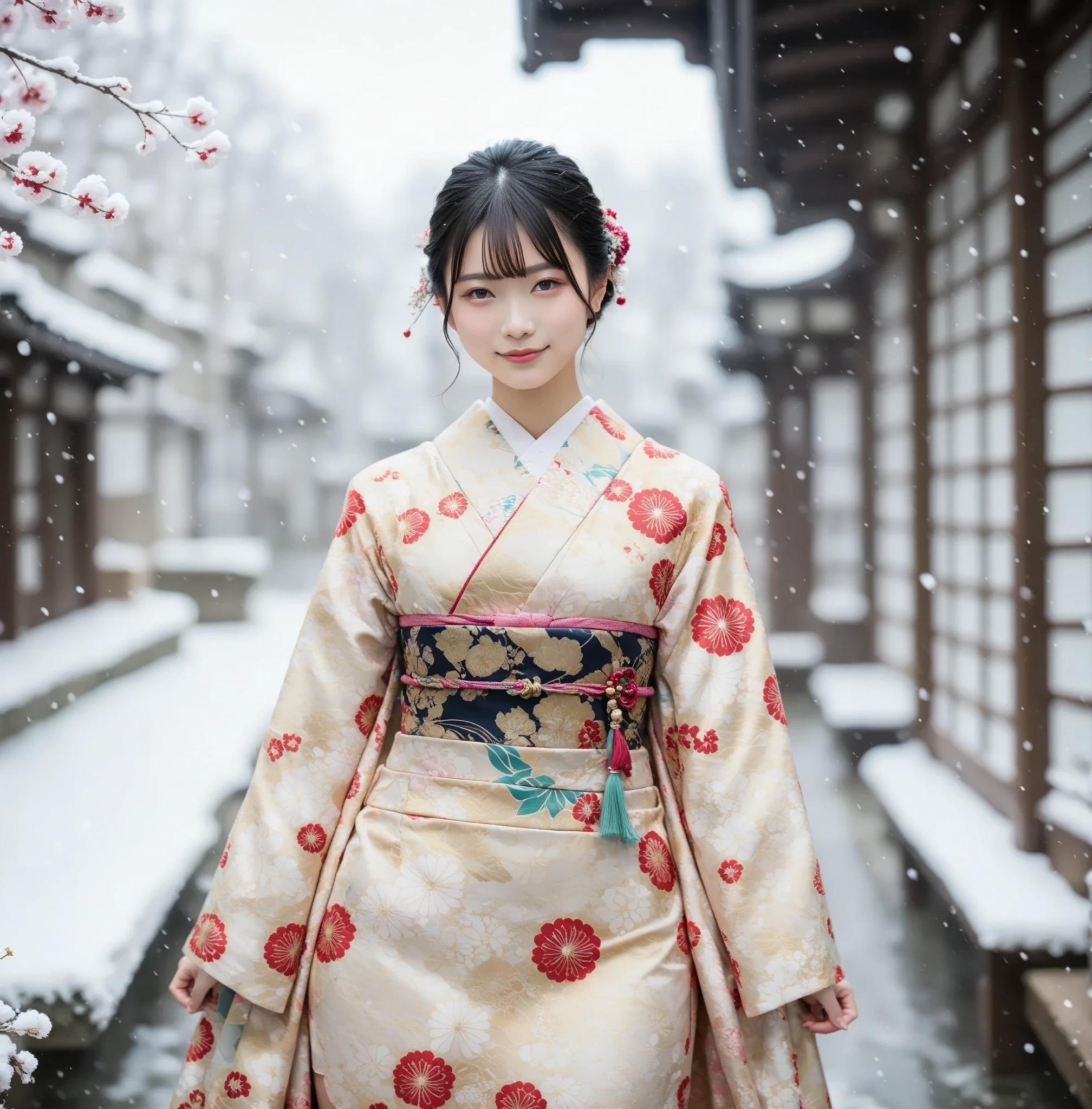 (score_9, score_8_  up, score_7_  up,   very detailed),    Breathtakingly beautiful long Japanese woman   ,    black hair like silk  ,  What's Included 。.   she has a radiant smile  , And a confident  graceful attitude,  behind her back  confident ,  Elegant Attitudes .  She is outdoors in a snowy lscape ,    poses with her back slightly bent    ,  she is folding her hs behind her back ,    accentuates her graceful posture   .    、 Soft steam  haze in a modern kimono  printed panties , Add depth  realism .  She is in a dynamic pose ,   crouched  legs spread  .   High resolution 32k  ,     masterpiece level details    , hauzmo style    .