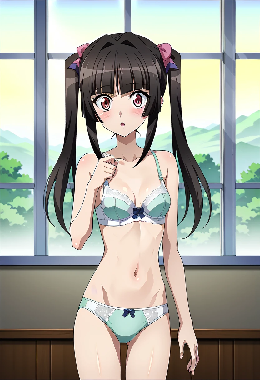[[anime styled]],[[digitalart]],NSFW,1girl in,(Portrait),face focus/close up,From below,Looking at Viewer,Tomomi_Xijing, bow ribbon, Short hair,,((take one's clothes off)),((Panties,bra,underware:1.2)),medium build,perfect anatomy,Smile,blush,Perfect Lighting,(strong light),((brighten the subject)),oily skin,cury:1.2,,Best Quality,anime screen cap,Flat color,cel shading,Panties,short torso,,