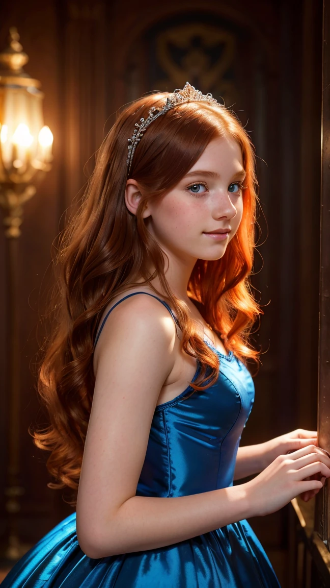 (( high resolution)),((pale skin)),(steampunk style),  freckles, ((Long wavy red hair )),  ((18 years))  girl :1.6, ((  Beautiful teen girl :1.6)),with blue eyes,(perfecteyes eyes),  cheeks blush , Smiling, ((In a men's salong)), ((short ball gown from the 19th century)),((dekoltee)),(( Masterpiece )),((cinematic)),(( high resolution)),(stylish light),Elegant Pose,Tiaras 