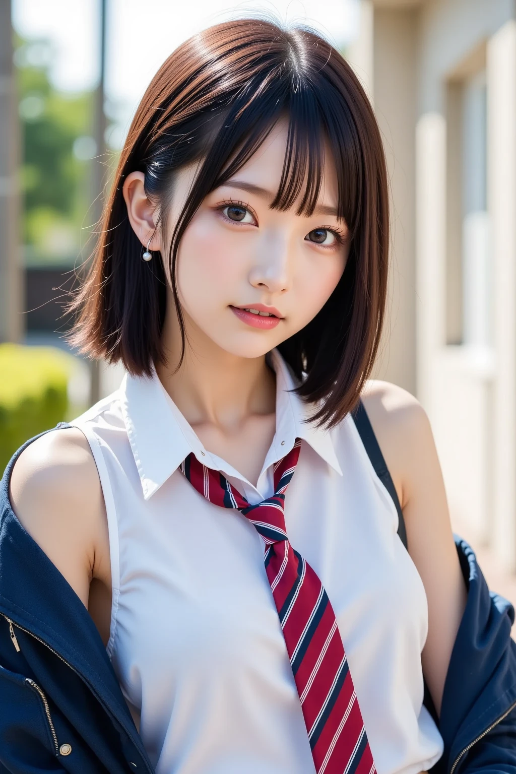      1 girl,18-year-old girl,((   topless、Nipples,naked:1.3)),   cowboy shooting , (         white shirt with red tie         ,      wearing a dark blue jacket    :1.2),         Extremely Beautiful Portraits of Japanese Idols   , 
(     RAW photos  ,   top quality  ), (    realistic   ,     realistic   :1.4), (Masterpiece), 
     very delicate and beautiful   ,   Multiple people    、   Highly Detailed Appearance     , 2k wallpaper,      amazing on the beach, finely,   Multiple people    、   Highly Detailed Appearance      CG Unity 8K wallpaper,   Multiple people    、   Highly Detailed Appearance     ,     portable    , Soft light, 
   Every detail of a beautiful girl ,   Multiple people    、   Highly Detailed Appearance     目と顔,  Beautiful and refined nose,  Delicate Eyes  ,   movie lights, 
(  simple,    Light Background     :1.3),
(     short hair ), (bangs), 
     COMPLETE ANATOMY     ,     slender body,      small breasts, smile