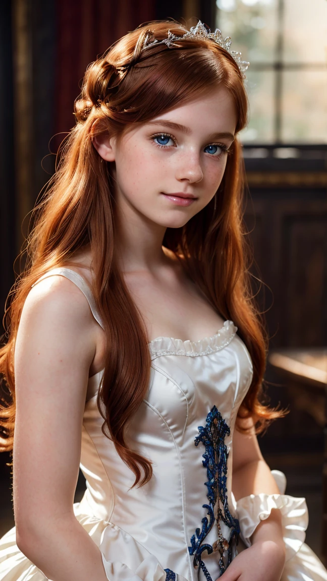 (( high resolution)),((pale skin)),(steampunk style),  freckles, ((Long wavy red hair )),  ((18 years))  girl :1.6, ((  Beautiful teen girl :1.6)),with blue eyes,(perfecteyes eyes),  cheeks blush , (Smiling), ((In a men's salong)), ((short ball gown from the 19th century)),((dekoltee)),(( Masterpiece )),((cinematic)),(( high resolution)),(stylish light),Elegant Pose,Tiaras 