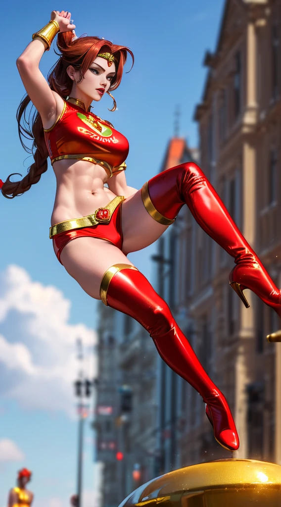 (best quality,4k,8k,highres,masterpiece:1.2),ultra-detailed,(realistic,photorealistic,photo-realistic:1.37), superhero,sexy ,(izabela ion as beautiful female superheroine, full red lips, braided ponytail , red sleeveless crop shirt, with a golden Star, tavern, midriff wears (a golden tiara with a red gem on forehead) , golden bracelets, long red boots, and small red shorts) (Venus Star) (tiara) (green eyes) UHD, (speech to people)