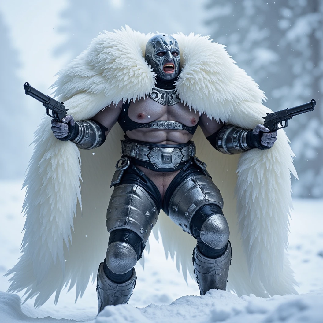 Black Muscular humanoid crow, special forces soldier donned in modern white, snow camo armor with a big and billowing white feather cloak. His beak is plated in silver. Dynamically dual wielding m1911 pistols. Dynamic snow covered battlefield background. Dynamic movement. The name "Crow" carved in to his chest armor. A mean look on his face. Blizzards move in making the wind blow and snow heavily. Dramatic, High Resolution, Masterpiece, Award Winning, Character Design, Digital Art, Depth Of Field, Image Fill, Floating Particles