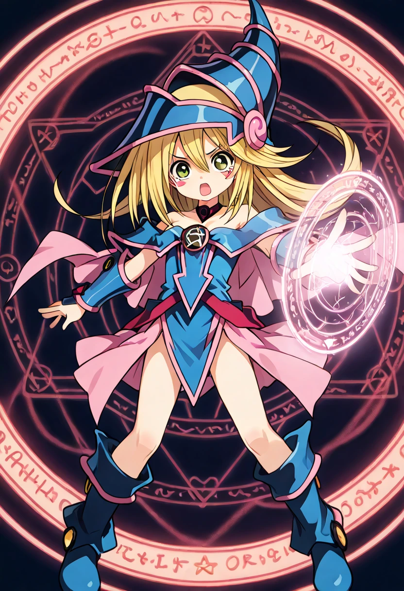 Dark Magician Gir, magic circle, magic power light, dynamic pose, blush stickers, flowing tears, chibi, flat chest, CURA girl,