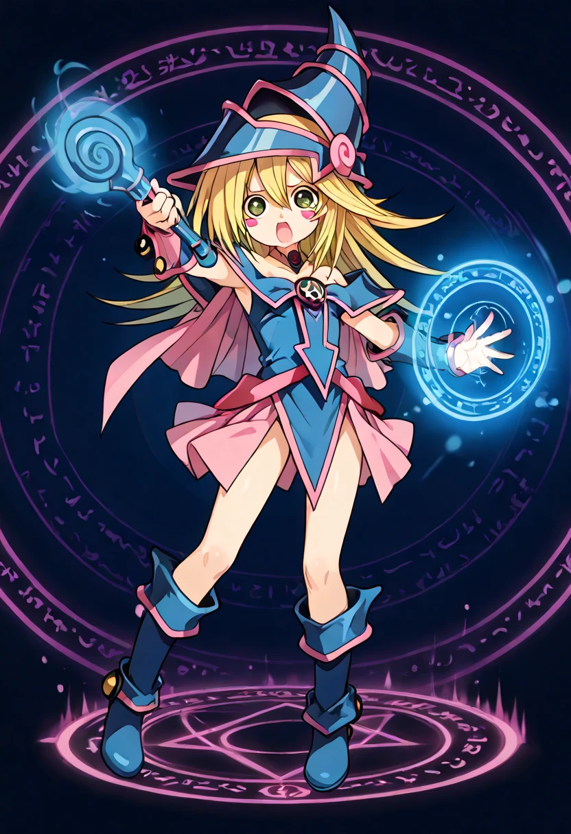 Dark Magician Gir, magic circle, magic power light, dynamic pose, blush stickers, flowing tears, chibi, flat chest, CURA girl,