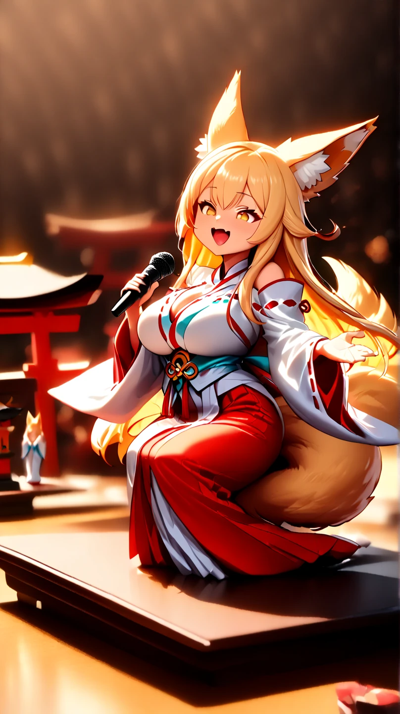 (  Masterpiece ,   top quality:1.2), ((( 1 anime girl))) , (((Alone))),   expressive eyes , Fox&#39;s Tail, ((( blonde long hair ))). ((( straight hair))), milf, mature woman, (smile), ((( golden eyes))), (((Standard shrine maiden costume))), ((( fox ears))), Big Breasts, 嬉しそうなsmile, face shot, (((Hold the microphone and sing with your mouth open))),  close eyes, goofy look, (((Torii of the small shrine ))),  Volume Light ,  subsurface scattering,  Cinematic Light ,  chiaroscuro,  jyojifuku, miko,red hakama, HUGE STUDY ROOM , ((( A miniature of a shrine on a huge desk))), ((( a very small hand-riding goddess on a huge desk))), Bird&#39;s-eye view, (((Tiny 5 cm tall woman ))), SD girl 