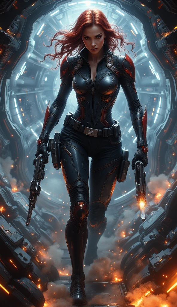 an attractive woman [gunslinger:bounty hunter:0.4] standing in a scifi wilderness (bitboats style:1) <lora:djzBitBoats_LB2:0.8>