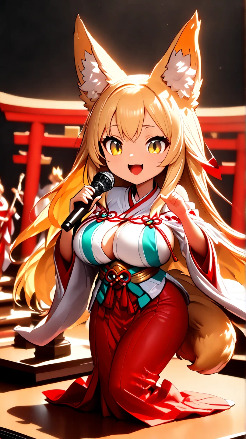 (  Masterpiece ,   top quality:1.2), ((( 1 anime girl))) , (((Alone))),   expressive eyes , Fox&#39;s Tail, ((( blonde long hair ))). ((( straight hair))), milf, mature woman, (smile), ((( golden eyes))), (((Standard shrine maiden costume))), ((( fox ears))), Big Breasts, 嬉しそうなsmile, face shot, (((Hold the microphone and sing with your mouth open))),  looking at camera, goofy look, (((Torii of the small shrine ))),  Volume Light ,  subsurface scattering,  Cinematic Light ,  chiaroscuro,  jyojifuku, miko,red hakama, HUGE STUDY ROOM , ((( A miniature of a shrine on a huge desk))), ((( a very small hand-riding goddess on a huge desk))), Bird&#39;s-eye view, (((Tiny 5 cm tall woman ))), SD girl 