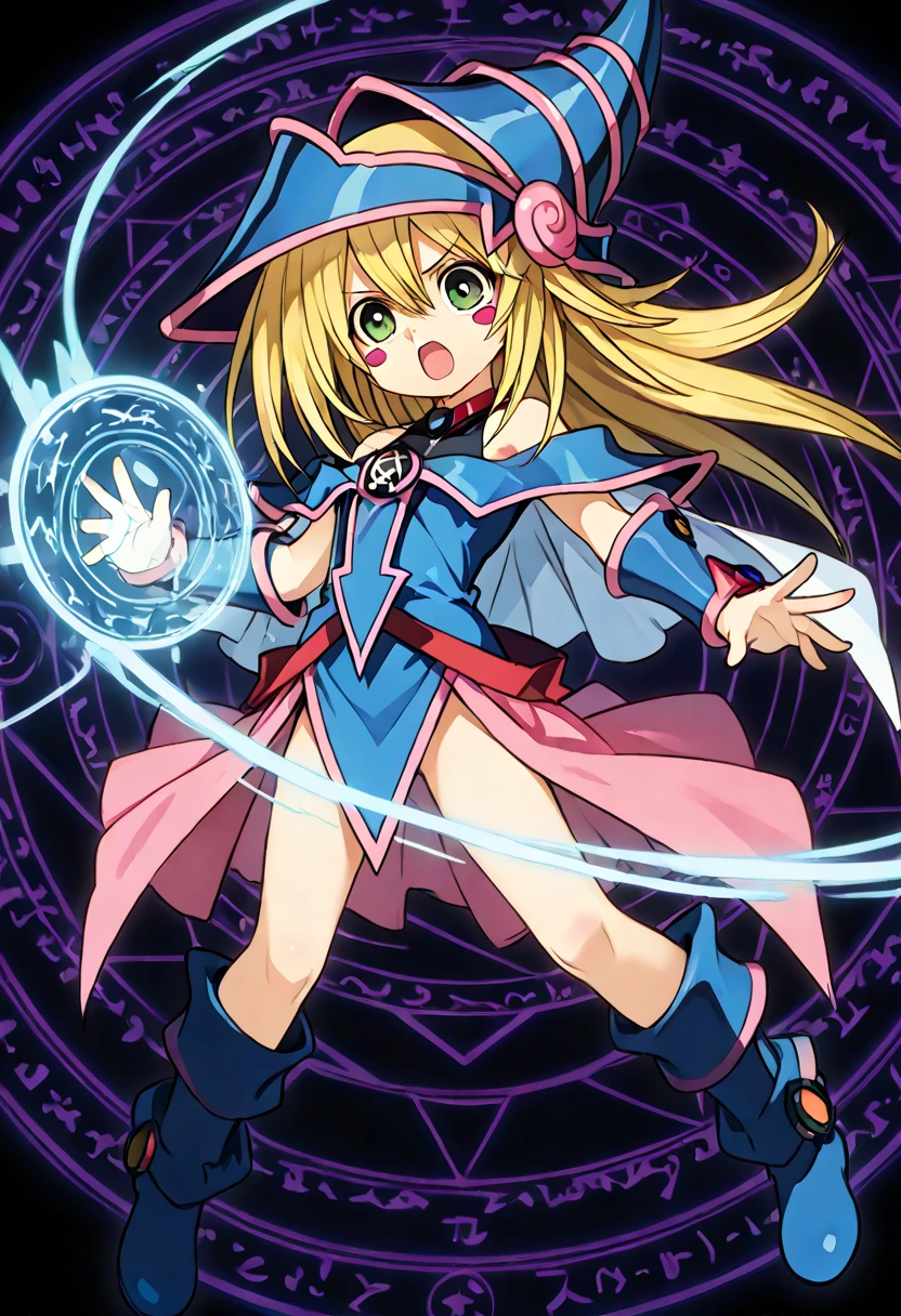 Dark Magician Gir, magic circle, magic power light, dynamic pose, blush stickers, flowing tears, chibi, flat chest, CURA girl,